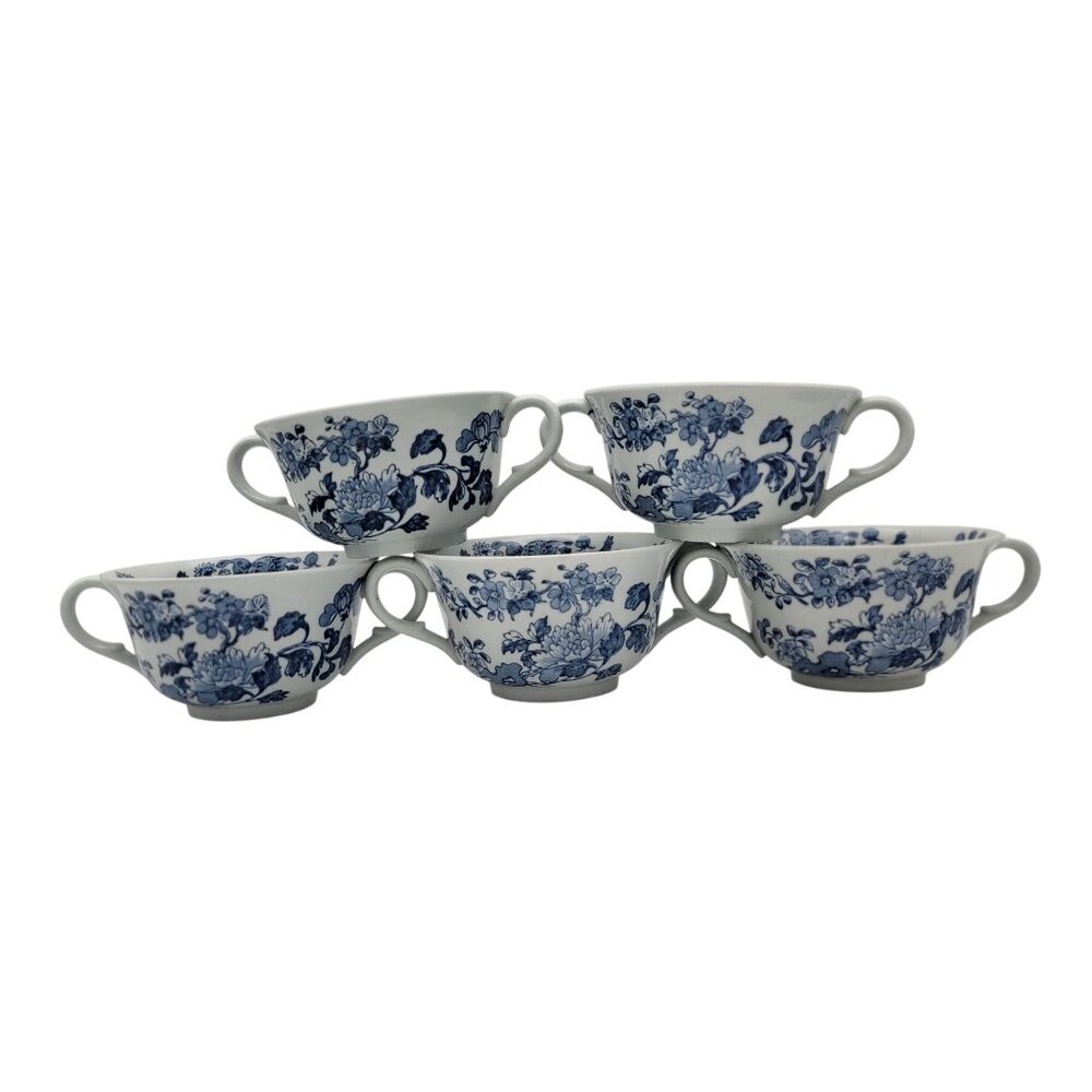 Antique Wedgwood Etruria Double-Handle Soup Cups – Blue Floral Transferware - Picture 2 of 6
